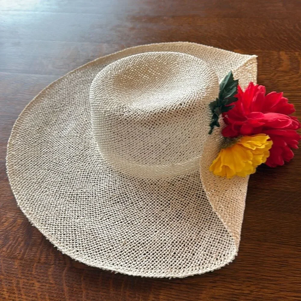 Vintage DKNY Light‎ Cream Straw Wide Brim Derby Hat Medium - Picture 3 of 11